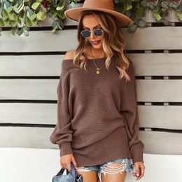 Women's Sweaters Women's Fashion Solid Colour Slash Neck Long Sleeve Base Sexy Sweater 2022 Fall Winter Warm Stretch Knitted Tops For