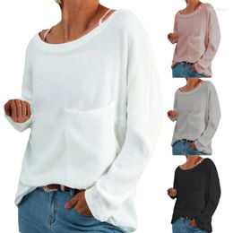 Women's T Shirts 2022 Fall Women's Tops Solid Colour Round Neck Chest Pocket Top Long Sleeve T-shirt