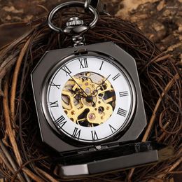 Pocket Watches Luxury Chinese Mascot Lion Black Mechanical Watch Men Hand Wind Retro Hollow Skeleton Fob Necklace With Chain Gift