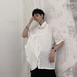 Men's Casual Shirts Men's Men Net Celebrities Asymmetric Splice Short Sleeve Loose Black White Japan Streetwear Couple For Man Women