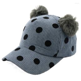 Hats 3-8 Yrs Girls Dots Baseball Cap Corduroy Pompom Kids Autumn Winter 5 Panel Caps Dusty Pink Grey Black Brown