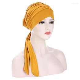Ethnic Clothing Muslim Women's Turban Hat Stretch Solid Crystal Long Tail Bow Cancer Eaves Ladies