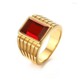 Wedding Rings 14mm Men Ring Gold Colour Stainless Steel Red Glass Stone Finger Punk Hiphop Male Jewellery Party Gift Bague Femme Anello Uomo