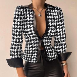 Women's Blouses Women Lapel Patchwork PU Leather Blouse Sexy Single Breasted Plaid Houndstooth Lady Tops Elegant Long Sleeve Office Shirt