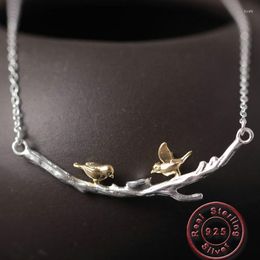 Anhänger Halsketten Amxiu 925 Sterling Silber Doppel Vögel Halskette Handgemachte Zwei Töne Farbe Zweig Für Frauen Mädchen Zubehör