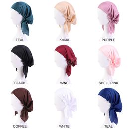 Muslim Satin Pre-Tied Solid Turban Hat Silky Headscarf Chemo Beanies Caps Cancer Headwear Head Wrap Hair Loss Accessories