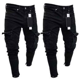 Mens Designer Skinny Jeans Black Man Denim Jean Biker Destroyed Frayed Slim Fit Pocket Cargo Pencil Pants Plus Size S-3Xl Fashion 775