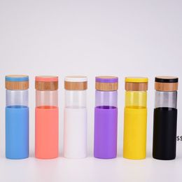 Portable Handle Tumblers 500ml 17oz Glass Water Bottle Drinking Tumbler Cups Insulated Bamboo Lids and Silicone Protective Sleeve JNB16435