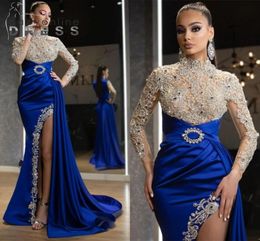 High Vintage Neck Evening Dresses Beaded Crystals Illusion Bodice Long Sleeve Formal Party Ocn Gowns Arbaic Dubai Dress With Split Prom Bc11420
