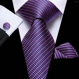 Bow Ties Hi-Tie Purple Silk Men's Tie Plaid Classic Gift Necktie For Men Wheat Luxury Large Fashion Hanky Cufflinks Set High Quality