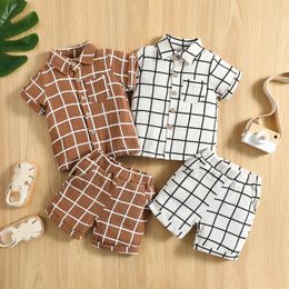 Clothing Sets Baby Toddler Boy 2 Pcs Outfit Suit Contrast Colour Plaid Lapel Short Sleeve Buttons Shirt Tops With Shorts 0-3T
