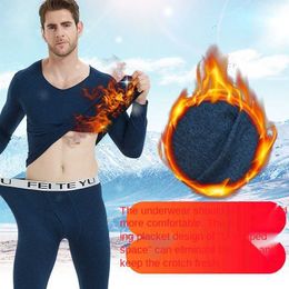 Men's Sleepwear Men's seamless thermal underwear set Long Johns young and middle-aged thin V-neck plus velvet cold winter bottoming shirt T221017