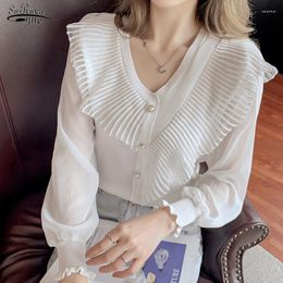 Women's Blouses 2022 Autumn Korean Stitching Long-sleeved Ruffled Chiffon Blouse Winter White Slim Noble Shirt Black Elegant Button 16848