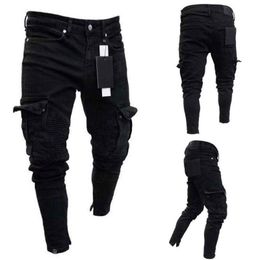 Mens Designer Skinny Jeans Black Man Denim Jean Biker Destroyed Frayed Slim Fit Pocket Cargo Pencil Pants Plus Size S-3Xl Fashion 85