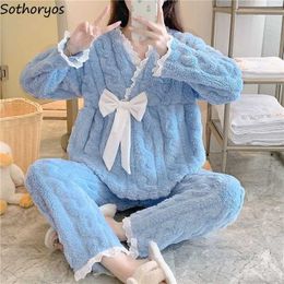 Women's Sleep Lounge Winter Pyjama Sets Women Warm Ins Cosy Fashion Sleepwear V-neck dent Lovely Preppy Style Korean Bow Sweet Homewear Basic Soft T221017