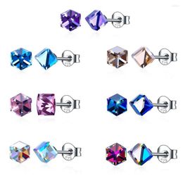 Stud Earrings Real 925 Sterling Silver Cube Crystals From -Elements Fancy Stone Jewellery For Women Party Wedding Gift