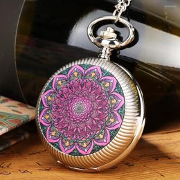 Pocket Watches Epoxy Turntable Time To Run Quartz Watch Silver Case Purple Flower Rotating Thin Chain Lucky Rotatable Jewellery Clock