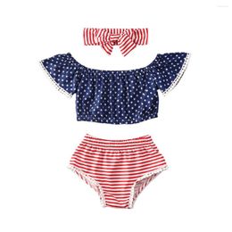 Clothing Sets Independence Day 6M-3Years Infant Baby Girls US Flag Clothes 3pcs Off Shoulder Ruffles Sleeve T Shirts Tops Shorts Headband