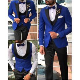 2 Button Royal Blue Men Tuxedos Black Satin Lapel Collar Groom Suits Groomsmen Wedding Suit Jacket and Pants With Vest