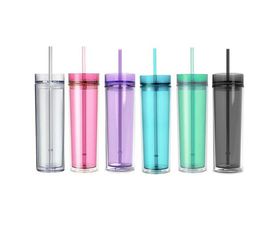 Sea 16oz Skinny Acrylic Tumblers Mixed Colours Plastic Clear Cups Double Wall Portable Easy to Take Transparent Coffee Mugs with Lid and Straw DIY Custom