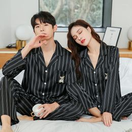 Men's Sleepwear PLUS SIZE Lovers Black Striped 2PCS Pyjamas Set Faux Silk Satin Trouser Suits Button-Down Elastic Waist Home Clothes
