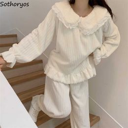 Women's Sleep Lounge White Sweet Pajama Sets Women Loose Long Sleeve Flannel Fashion Lovely Girls Princess Korean Style Home Lounge Wear Warm Thicken T221017