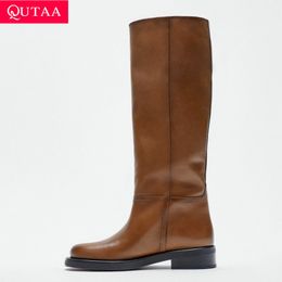 Boots QUTAA ZA Women Knee High Full Cow Leather Med Heels Woman INS Office Lady Motorcycle Long Winter Shoes Za 34-40 221014