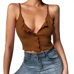 Women's Tanks Women's Sexy Sleeveless Sling Tops Girl's Low Collar Solid Colour Vest Casual Tight Bare Midriff Button Clothing Style