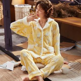 Women's Sleep Lounge Coral Fleece Pajama Sets Women Winter Patchwork Turn Down Collar Warm Long Sleeve Sleepwear Elegant Lounge Cute Flannel Pyjamas T221017