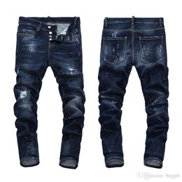 New Men's Jeans Blue Bleach Jeans Tidy Biker Denim Jean Paint Spot Damage Slim Fit Distressed Cowboy Pants Man