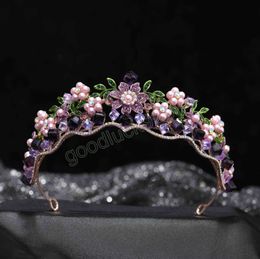 Vintage Purple Crystal Flower Pink Pearls Bridal Crowns Rhinestone Tiaras Women Wedding Hair Accessories