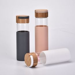 Colourful Portable Handle Tumblers Glass Water Bottle Drinking Tumbler Cups Insulated Bamboo Lids and Silicone Protective Sleeve RRA474