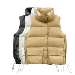 Women's Wool Elegant Stand Collar Pockets Loose Quilted Down Vest Women Korean Fashion Sleeveless Casual Warm Jackets 2022 Autumn Winter