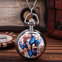 Pocket Watches Luxury Butterfly Print Quartz Watch For Men Women Flower Engraved Case Fob Chain Colourful Clock Collection Kids Gift