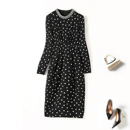 2022 Autumn Stand Collar Polka Dot Beaded Dress Black Long Sleeve Rhinestone Mid-Calf Midi Casual Dresses C2S123751