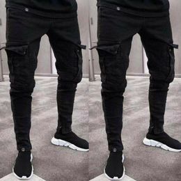 Mens Designer Skinny Jeans Black Man Denim Jean Biker Destroyed Frayed Slim Fit Pocket Cargo Pencil Pants Plus Size S-3Xl Fashion 374