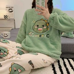 Women's Sleep Lounge Autumn Winter New Warm Flannel Women's Pajamas Set Long-sleeved Trousers Two-piece Set Cute Soft Home Wear Clothes for Women T221017