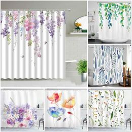 Shower Curtains White Fabric Farmhouse Flower Green Tropical Leaf Bird Rose Floral Plant Scenery Bathroom Curtain Set With Hooks