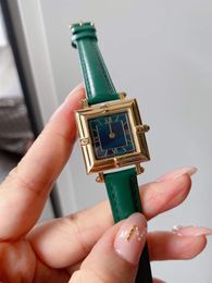 Vintage Gold Color Double Square Watches Women Geometric Roman Number Wristwatch Female Green Genuine leather Quartz Watch Lady Thin Clock