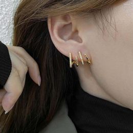 Hoop Earrings Crystal Gold Color Geometric Ear Buckles Multi-layer Rhinestone Korean Style Studs Women Fashion Jewelry