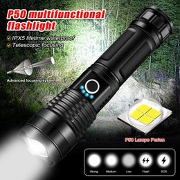 Flashlights Torches 3000 lumens P50 single flashlight with USB cable 26650 battery telescopic zoom IPX5 USB charging outdoor searchlight flashlight L221014
