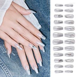 Nail Art Kits 24pcs/box False Tips Silver Smudge Metallic Wind Full Cover Fake Finger UV Gel Polish Quick Building French Wearable