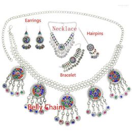Necklace Earrings Set & Ethnic Bohemia Bead Coin Crystal Drop Afghan Waist Belly Dance Chain Bracelet Turkish India Head Jewelry