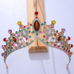 Crystal Colourful Geometric Crown Tiaras Vintage Rhinestone Tiara for Women Bride Wedding Hair Accessories Jewellery