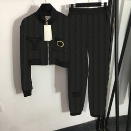 Personality Pocket Women Tracksuits Fashion Letters Jacquard Coat Pants 2 Colours Zipper Jackets Sport Trousers Set