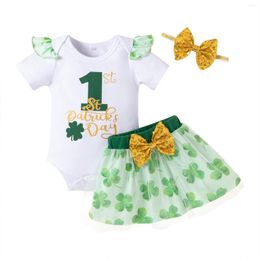 Clothing Sets Lucky Infant Baby Girls Romper Set Short Sleeve Letters Print With Elastic Waist Bowknot Skirt Headband For Casual Daily