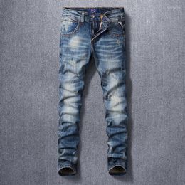 Mens Jeans Italian Style Fashion Men Retro Dark Blue Elastic Slim Fit Ripped Vintage Designer Casual Cotton Denim Pants