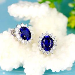 Stud Earrings Luxury Lab Sapphire Original Tibetan Silver Jewelry Natural Blue Zirconia Wedding For Women