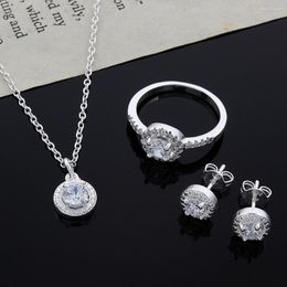 Necklace Earrings Set Wedding Girl Christmas Gift Noble Silver Fashion Elegant Women Shiny Crystal CZ Earring Ring Jewellery JSH-CS01