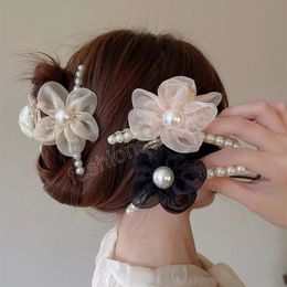 Korean Organza Pearl Flower Clamps Temperament Woman Back Head Clips Barrette Accessories Girls Hair Claw Catch